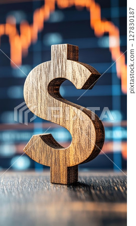 Wooden dollar sign on desk with stock chart on screen, symbolizing finance and investment trends 127830187