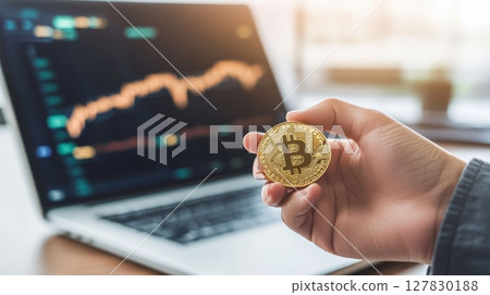 Businessman showing bitcoin cryptocurrency while analyzing financial data on laptop, evaluating investment opportunities in the digital currency market Businessman showing bitcoin cryptocurrency while analyzing financial data on laptop, evaluating investment opportunities in the digital currency market 127830188