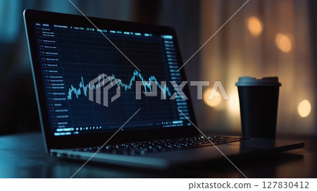 Open laptop displaying a declining stock market chart, placed on a desk next to a coffee cup, illuminated by warm ambient lights at night, creating a focused atmosphere for investment analysis 127830412