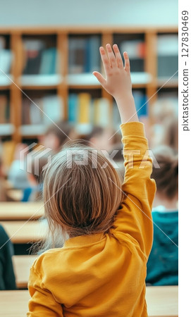 Elementary school student raising her hand to answer a question during class time in a classroom or library with bookshelves in the background 127830469