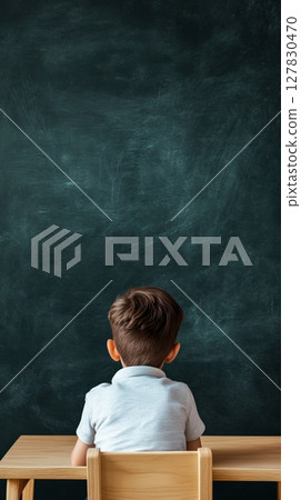 Schoolboy sitting at a desk, gazing at an empty chalkboard, contemplating the future and embracing dreams of education, knowledge, and personal growth Schoolboy sitting at a desk, gazing at an empty chalkboard, contemplating the future and embracing dreams of education, knowledge, and personal growth 127830470
