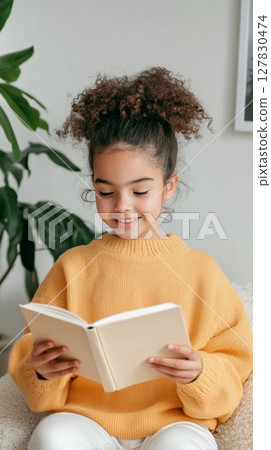 Young girl with curly hair, wearing a yellow sweater and white pants, sitting comfortably and smiling while reading a book in a cozy home environment 127830474