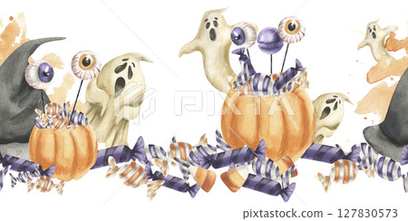Halloween purple and orange sweets, scary ghosts, witch black hat, jelly eyes watercolor seamless border. Hand drawn banner for kid's trick or treat party,October festive packing,textile design 127830573