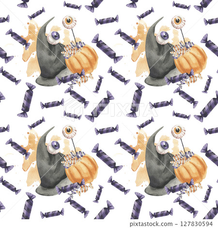 Halloween purple candies,witch black hat,jelly eye in pumpkin bucket watercolor seamless pattern.Hand drawn October kid's party fabric,wallpaper design. 127830594