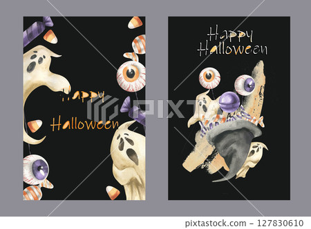 Halloween scary card templates on black. Watercolor October festive gosts,candies,sweets and jelly eyes illustrations in pre-made poster for trick or treat kid's night party card,invitation design Halloween scary card templates on black. Watercolor October festive gosts,candies,sweets and jelly eyes illustrations in pre-made poster for trick or treat kid's night party card,invitation design 127830610