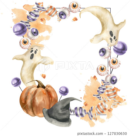Halloween sweets banner template with watercolor lollipops,orange and purple caramel,flying gosts,black hat and pumpkin illustration. Isolated frame with kid's candies for October festive night party Halloween sweets banner template with watercolor lollipops,orange and purple caramel,flying gosts,black hat and pumpkin illustration. Isolated frame with kid's candies for October festive night party 127830630