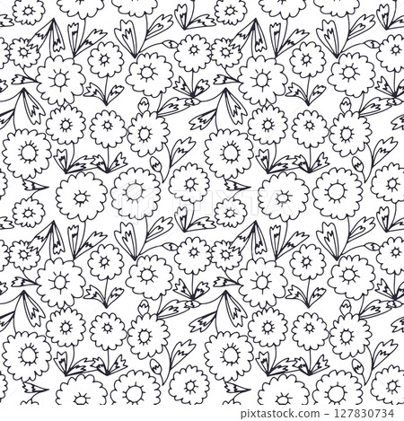 Black and white ditsy floral seamless pattern. Hand drawn vintage backdrop with tiny daisy flowers. Monochrome Cottagecore texture Black and white ditsy floral seamless pattern. Hand drawn vintage backdrop with tiny daisy flowers. Monochrome Cottagecore texture 127830734