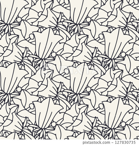 Seamless pattern with black and white canary islands flowers bellflower. Monochrome hand drawn floral wallpaper Seamless pattern with black and white canary islands flowers bellflower. Monochrome hand drawn floral wallpaper 127830735