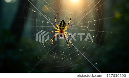 Golden Orb-Weaver Spider on Dewy Web Illuminated by Forest Morning Light 127830800