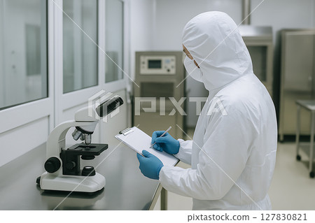 一位身穿白大褂的研究人員拿著研究報告和顯微鏡 127830821