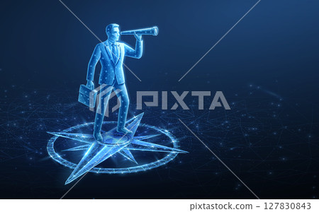 A businessman with telescope and compass. Visionary leader, business opportunity concept, career growth. 127830843