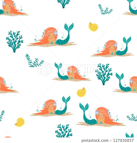 Seamless pattern with mermaids and shells 127830857