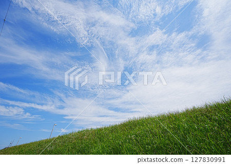 The blue sky spreading over the banks of the Nakagawa River in Katsushika Okuto in July 127830991