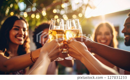 Cheers at joyful party with friends, celebrating together Cheers at joyful party with friends, celebrating together 127831233