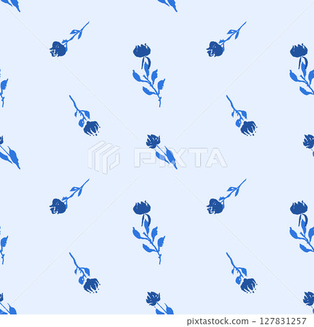 Seamless pattern with monochrome blue hand drawn flowers 127831257