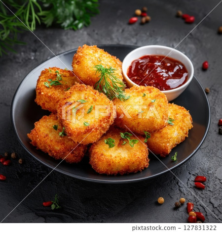 Golden Crisp Delights: Irresistible Breaded Nuggets, Perfectly Fried to a Golden Hue and Served with a Zesty Dipping Sauce The Ultimate Comfort Food or Appetizer for Any Occasion 127831322