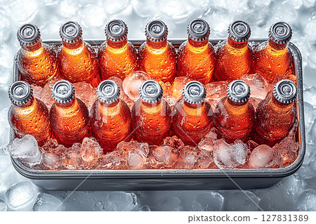 Summer day. Retro cooler filled with glass soda bottles and ice. Retro style. Close-up. 127831389