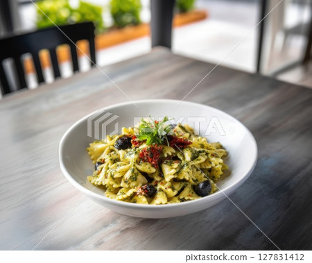 Exquisite Pesto Farfalle Pasta Salad Sun Dried Tomatoes, Black Olives Fresh Herbs A Delightful Mediterranean Dish 127831412