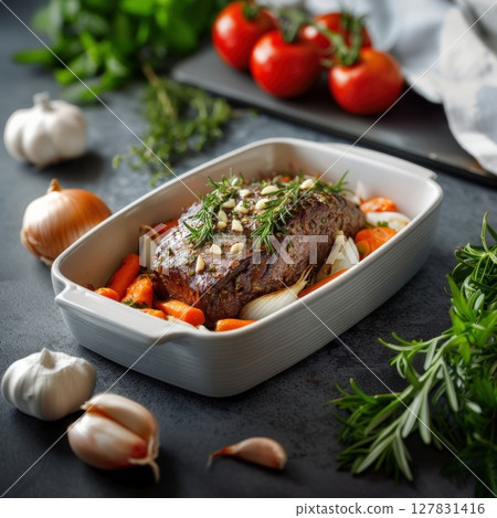 Delectable Roasted Beef Loin with Garlic, Rosemary Root Vegetables A Wholesome Hearty Meal 127831416