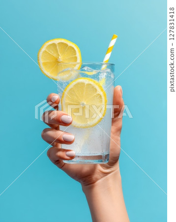Refreshing Iced Lemon Water with Fresh Slices Striped Straw Perfect Hydration for Hot Summer Days 127831418