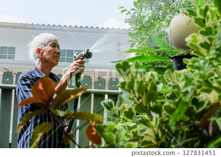 Senior asian woman watering the garden 127831451