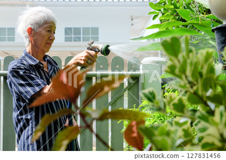 Senior asian woman watering the garden 127831456