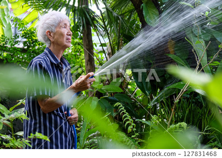 Senior asian woman watering the garden 127831468