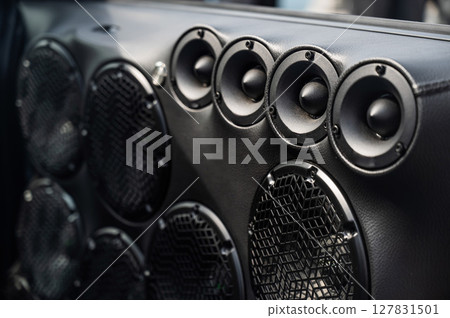 Detailed Close-Up of a Sports Car Gear Shift and Interior Features. Detailed Close-Up of a Sports Car Gear Shift and Interior Features. 127831501