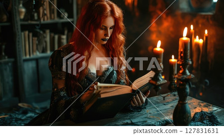 In the soft illumination of candle flames, a witch, garbed in a delicate lace dress, explores the depths of her arcane knowledge, her whispered spell captivating the atmosphere. 127831631