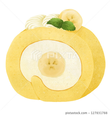 用奶油和香蕉裝飾的香蕉捲蛋糕 127831788