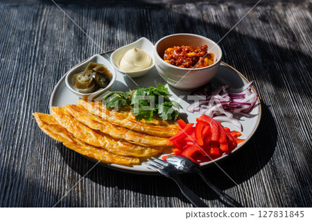 Top view of a plate of fajitas. Top view of a plate of fajitas. 127831845