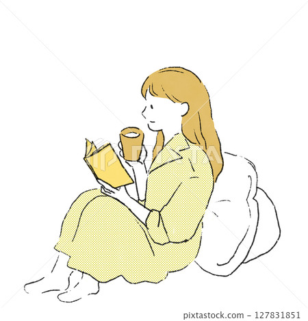 Illustration of a woman relaxing and drinking tea while reading a book 127831851
