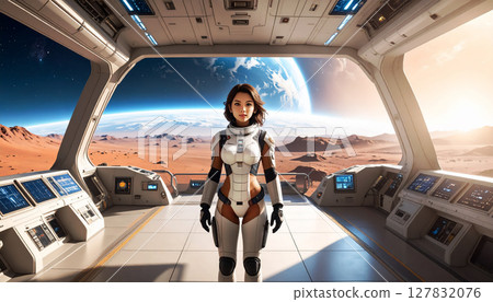 背景中的太空船和地球,酷炫的女宇航員動漫遊戲風格插圖,生成的 AI 圖像 背景中的太空船和地球,酷炫的女宇航員動漫遊戲風格插圖,生成的 AI 圖像 127832076