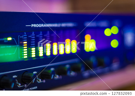 LED VU meter, audio meterbridge. music production, recording concept 127832093