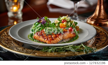Exquisite Grilled Salmon Fillet with Fresh Herb Gremolata and Vibrant Side Salads 127832196