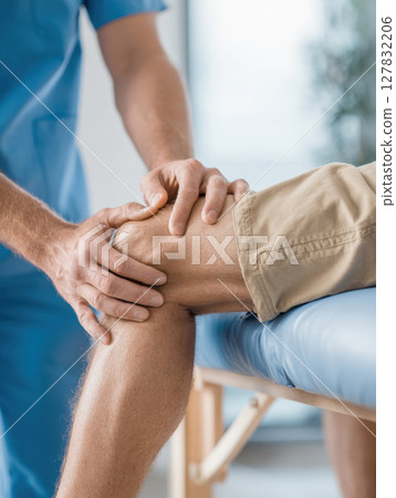 Expert Physiotherapist Examining Patient's Knee Focused on Rehabilitation and Pain Relief 127832206
