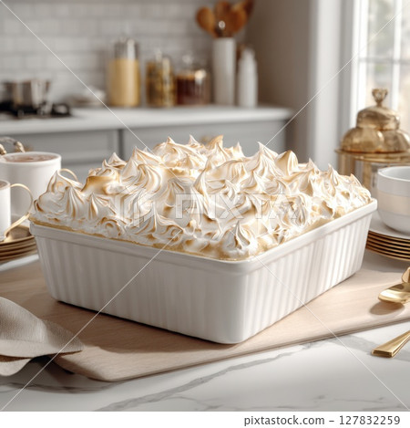 Golden Torched Meringue Dessert Elegant White Dish in a Modern Kitchen Setting Golden Torched Meringue Dessert Elegant White Dish in a Modern Kitchen Setting 127832259