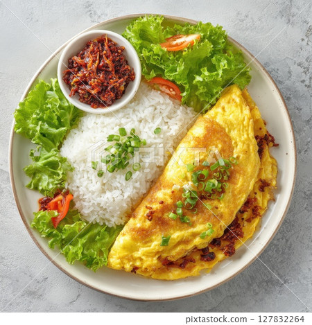 Golden Fluffy Omelet with Steamed Rice, Crisp Lettuce, and Spicy Anchovy Sambal 127832264