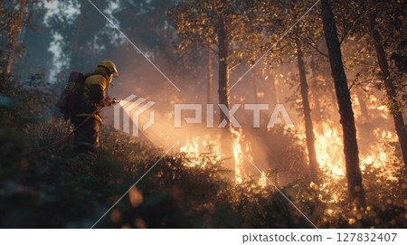 Brave Firefighter Battling Raging Forest Fire, Extinguishing Flames in a Smoldering Landscape Heroic Effort Against Wildfire Disaster 127832407