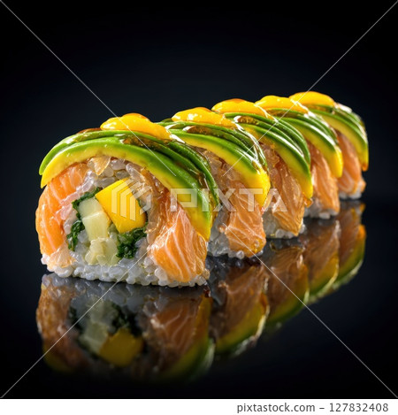 Exquisite Fusion Sushi Roll: Salmon, Mango, and Avocado Delight on a Reflective Black Background A Culinary Masterpiece 127832408