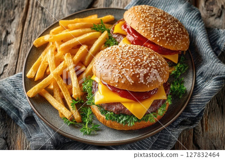 Classic Double Cheeseburger Meal with Crispy Golden French Fries The Ultimate Comfort Food Platter 127832464