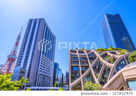 Tokyo cityscape in Japan: Towards a new era... (bustling with foreign tourists) View of Azabudai Hills and Tokyo Tower 127832474