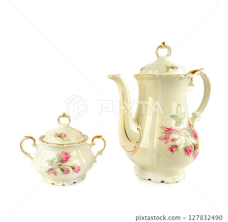 Porcelain vintage coffee pot and sugar bowl isolated on white. 127832490