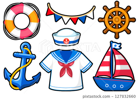 可愛的海洋主題插圖集（帶黑色邊框） 127832660