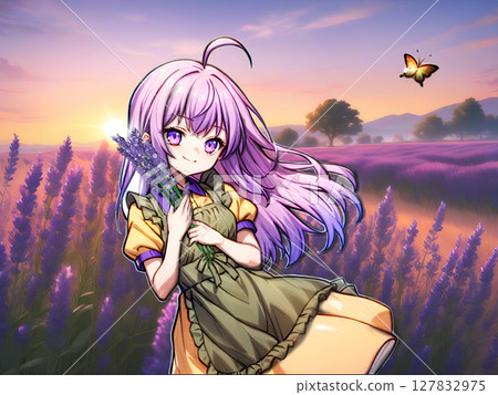 夕陽下的薰衣草田和女孩 127832975
