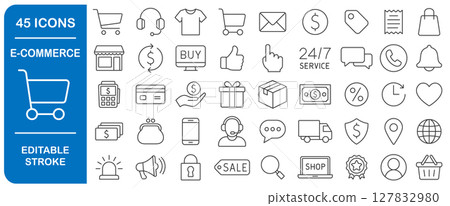 E-Commerce editable stroke line icon set. Online shopping thin line icons collection. Web shop symbol pack. Vector illustration image. Isolated on white background. E-Commerce editable stroke line icon set. Online shopping thin line icons collection. Web shop symbol pack. Vector illustration image. Isolated on white background. 127832980