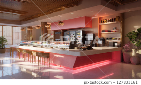Chic Modern Sushi Bar Interior with Vibrant Pink Accents Ready for a Delightful Culinary Experience 127833161