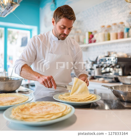 Delightful Stack of Golden Pancakes Prepared by a Professional Chef Perfect for Breakfast Dessert Menus 127833164