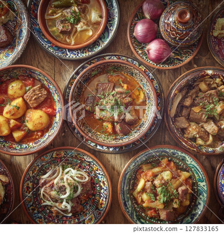 Abundant Spread of Traditional Central Asian Middle Eastern Cuisine A Feast for the Senses 127833165