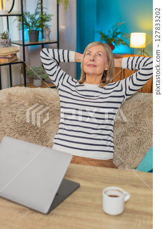 Mature woman happily closing laptop after completing important task, smiling and relaxing at table Mature woman happily closing laptop after completing important task, smiling and relaxing at table 127833202